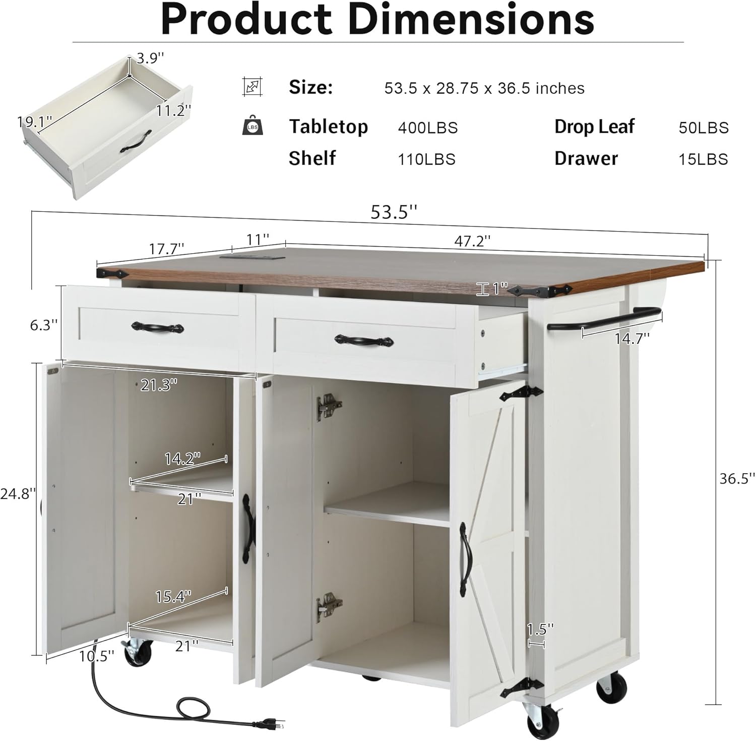 Kitchen Island Cart with Power Outlet and Storage, Rolling Trolley with Drop Leaf S12879