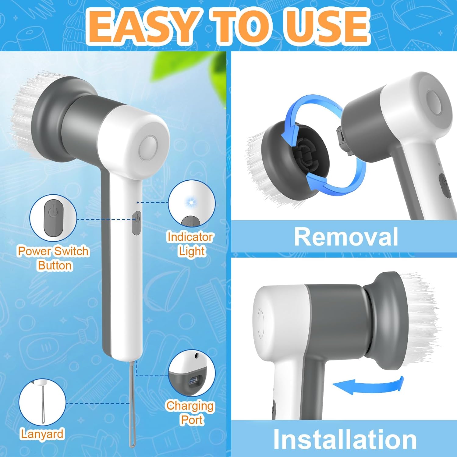 Cordless Electric Spin Scrubber with 5 Brush Heads D983221