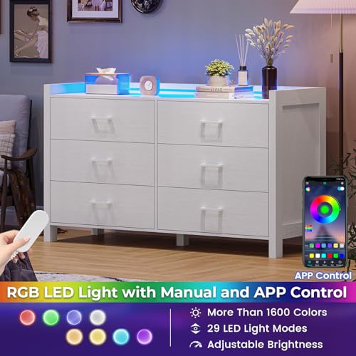 6 Drawer Dresser with LED Lights for Bedroom, White Q83771