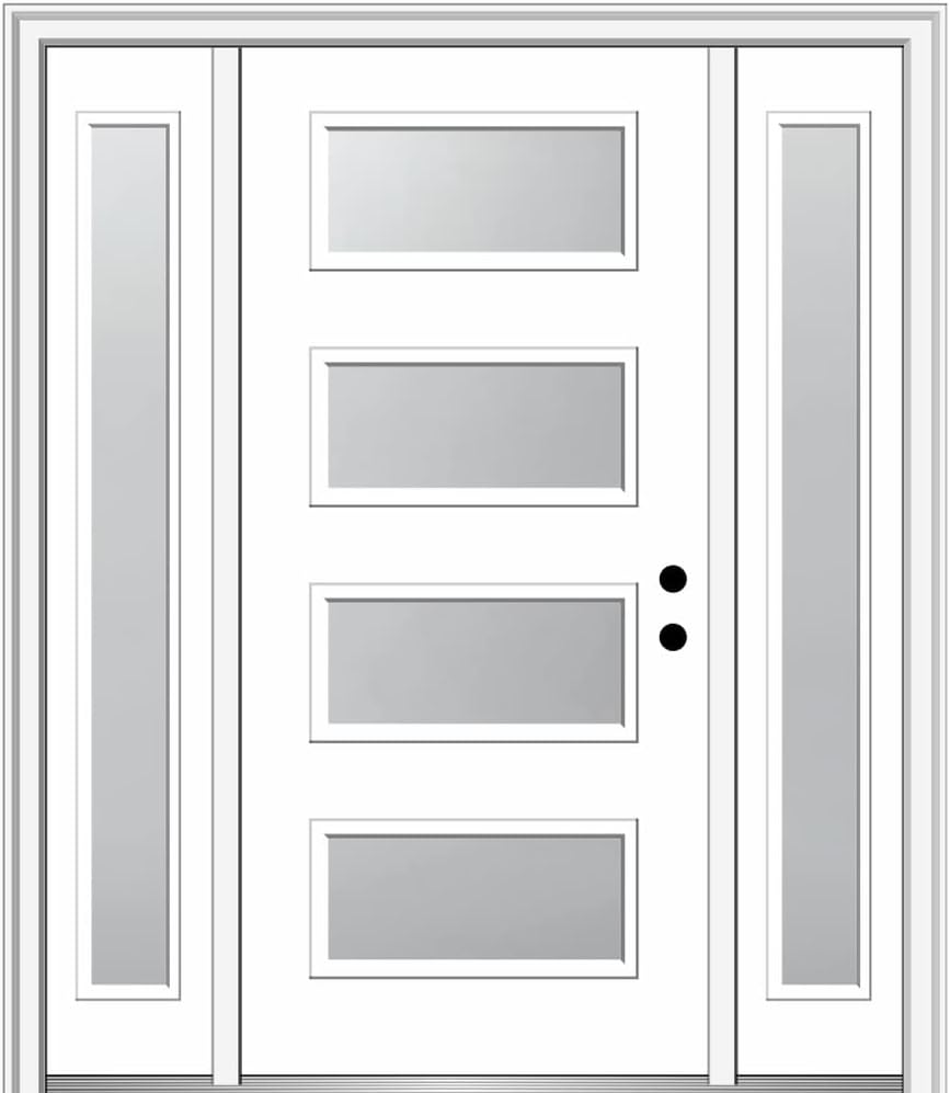 National Door Company, 64" x 80", Fiberglass Smooth, Primed, 4-Lite, Frosted Glass, Prehung Front Door with Two Sidelites on 4-9/16" Primed Composite Frame (Z03752378L)