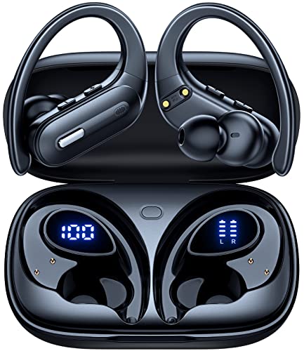 Wireless Earbuds V5.3 Bluetooth Headphones 90 Hrs Playtime Earbuds with Wireless Charging Case Power Display Over-ear Earphones with Earhooks Waterproof Stereo Headset for Android phone Workout Purple