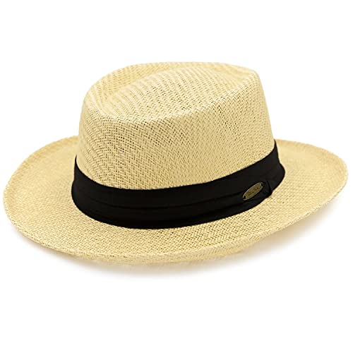 Panama Jack Gambler Straw Hat - Lightweight, 3" Big Brim, Inner Elastic Sweatband, 3-Pleat Ribbon Hat Band