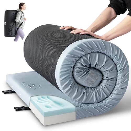 Kingfun Memory Foam Camping Sleeping Pad, CertiPUR-US Camping Mattress Waterproof Roll Up Mattress Guest Bed, Thick Floor Sleeping Mat for Car Truck Tent for Adults with Travel Bag