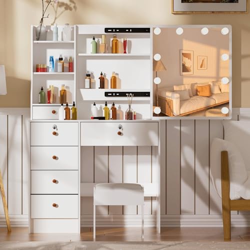 Vanity Desk with Mirror and Lights, Large Drawers, Cushioned Stool P25988