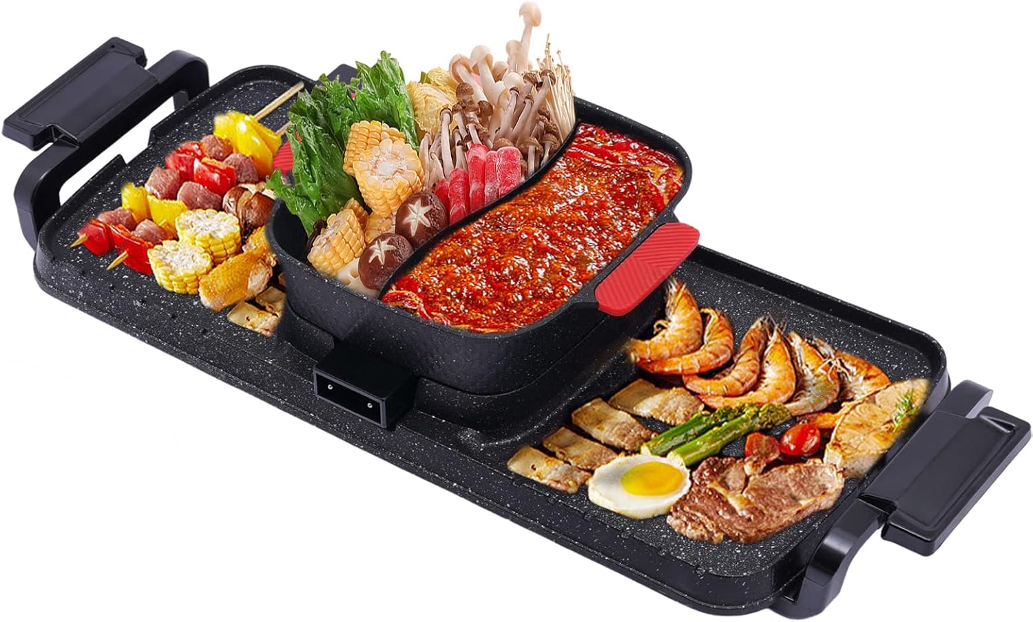 Electric Grill Hot Pot 2 in 1,Multifunctional Smokeless Grill Indoor Teppanyaki Grill/Shabu Pot with Divider-Separate Dual Temperature Contral,Non-Stick Pan BBQ Capacity for 6 People above