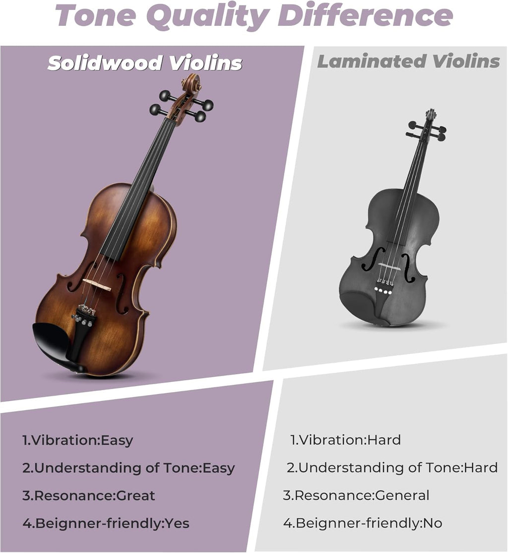 Solid Wood Violin 4/4 Full Size Set with Hard Case for Beginners E8640