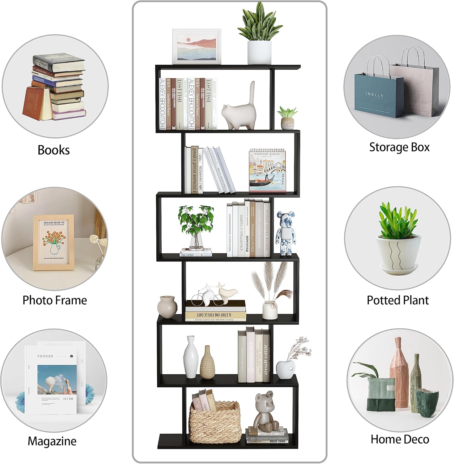 Geometric S-Shaped 6-Tier Bookshelf for Living Room, Bedroom, Study E846