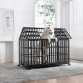 Heavy Duty Dog Crate, Indestructible Metal Dog Kennel with Pointed Roof Lockable Wheels for Medium Large Dogs, with Sturdy Door Lock and Removable Trays, Roof Top Access,48 inch