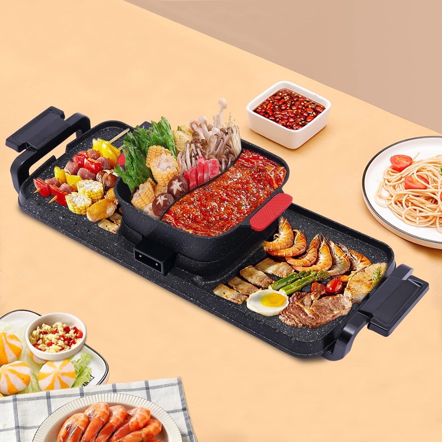 Electric Grill Hot Pot 2 in 1, Smokeless Indoor Teppanyaki with Divider D609