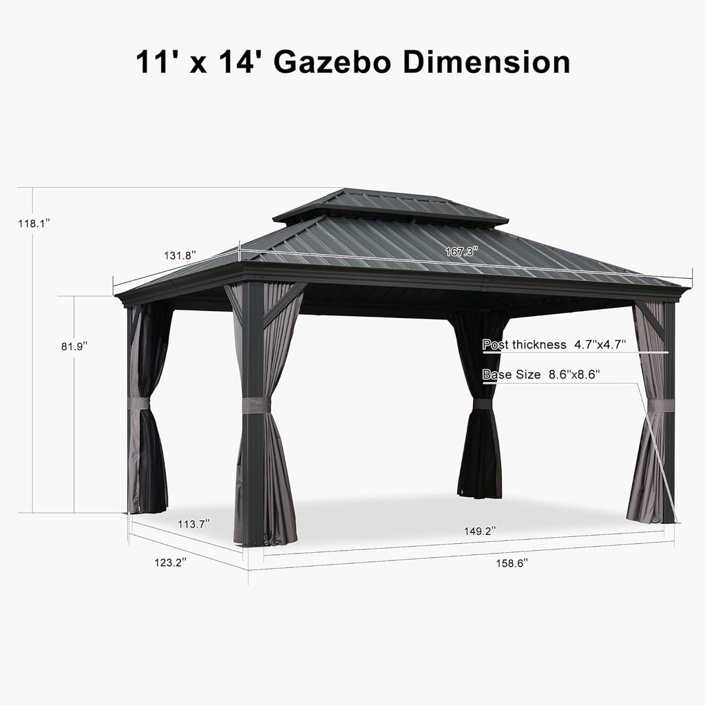 Hardtop Gazebo for Patio with Galvanized Steel Roof, Curtains and Netting Included W436566