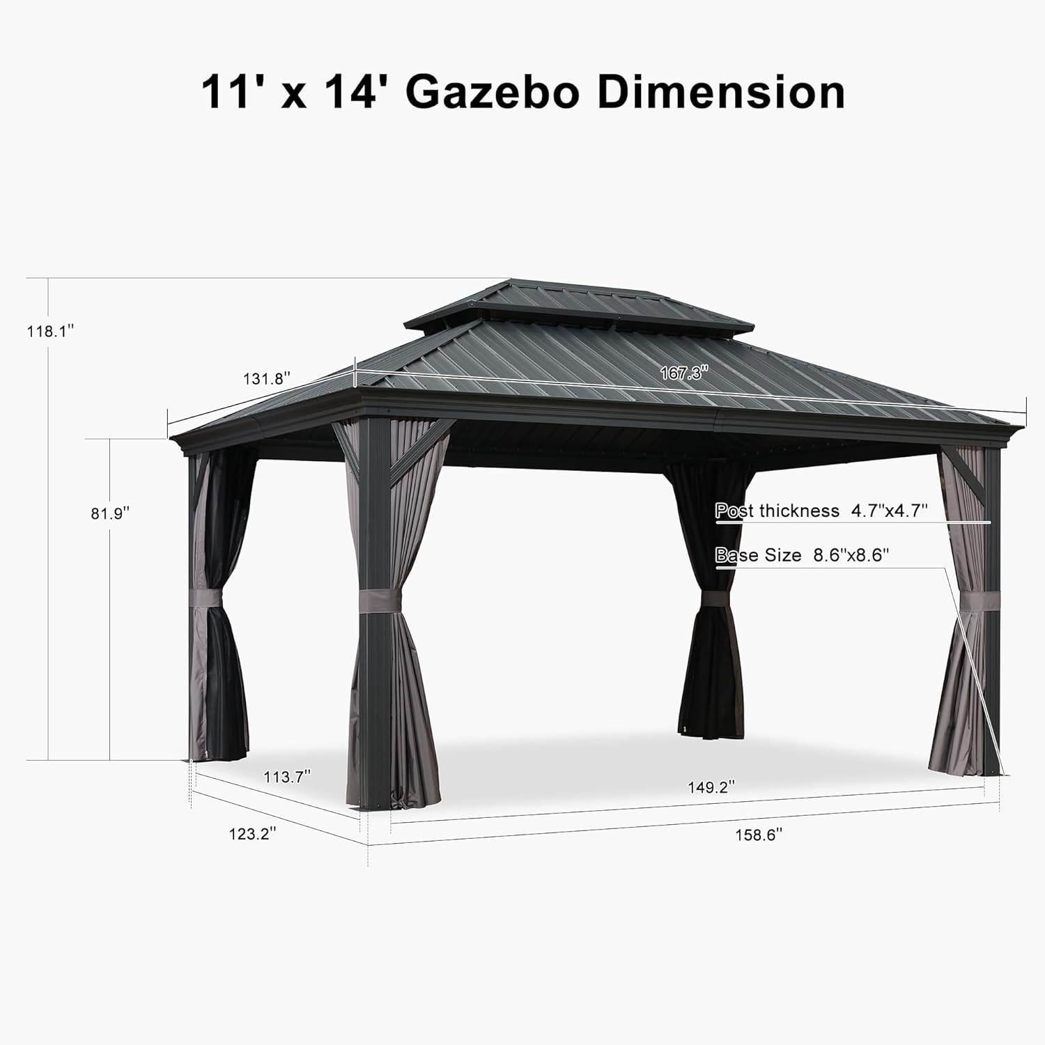 Hardtop Gazebo for Patio with Galvanized Steel Roof, Curtains and Netting Included W436566