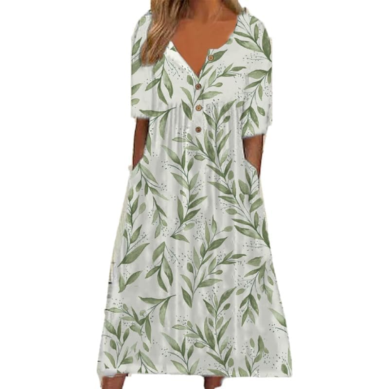 Women's Short Sleeve Boho Floral Print Maxi Dress Summer V Neck Casual Loose Dress with Pockets