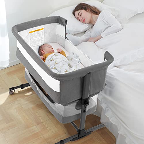 Ihoming Baby Bassinet Bedside Sleeper, 3 in 1 Convertible Design, lnfant Bed & Bed Side Sleeper & Cradle Bassinets, Newborn Bedside Crib Attaches to Bed, Pink