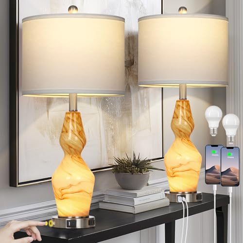 Modern Glass Table Lamps Set of 2, 3 - Way Dimmable Touch Control Bedside Lamps with Night Light for Bedroom, Nightstand Lamps with USB A+C Ports & AC Outlet for Living Room (4 LED Bulbs Included)