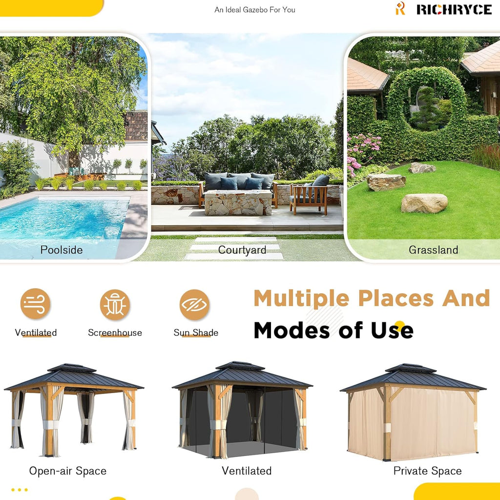 Solid Wood Gazebo with Hardtop Roof, Netting and Curtains N2070