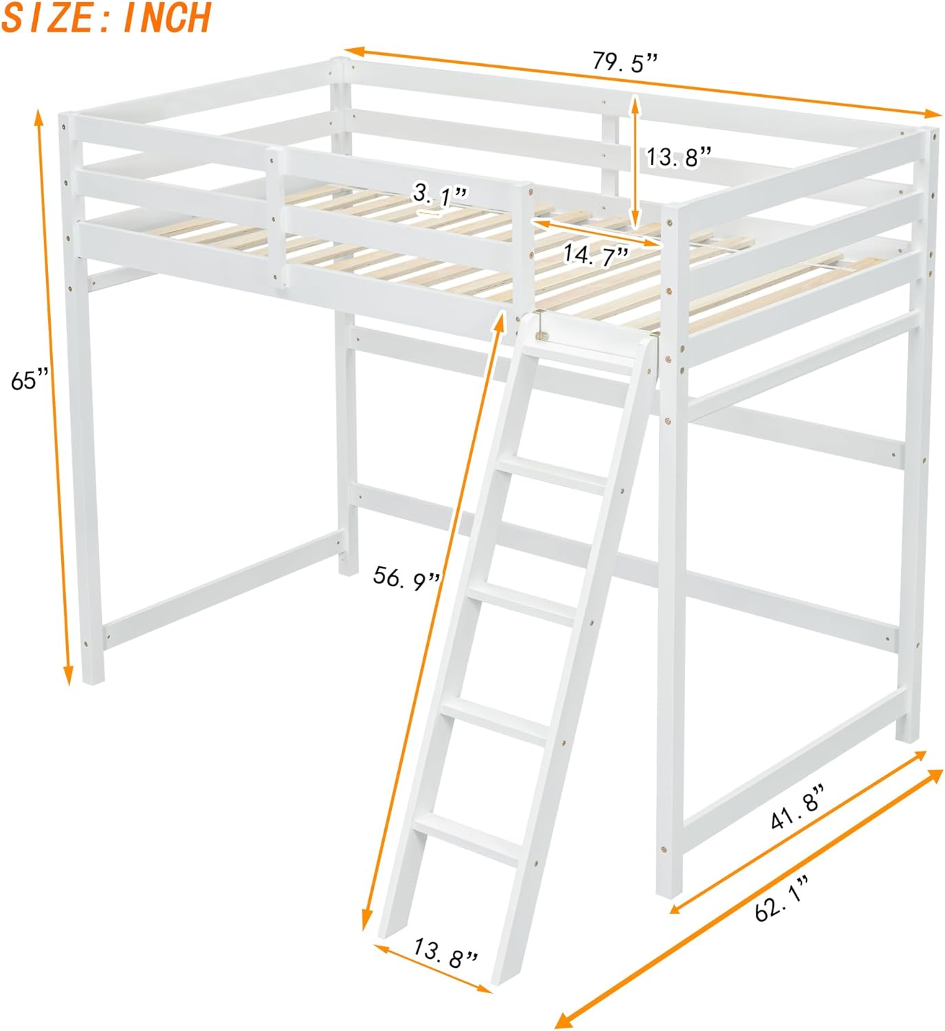 High Loft Bed with Ladder and Safety Guardrail for Kids Teens, White D580