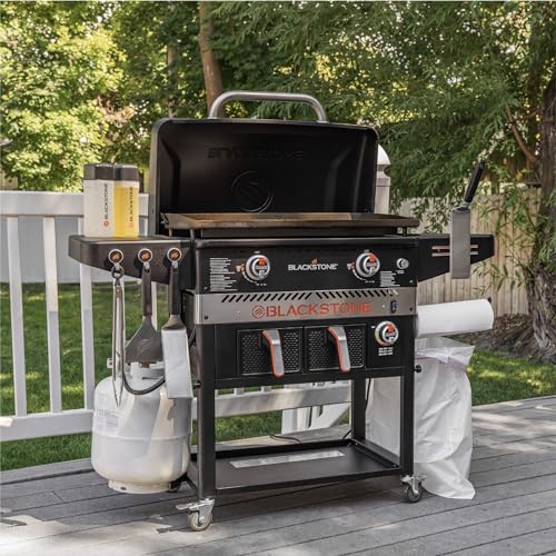 28 Inch Gas Griddle Station with Air Fryer Combo, Two Burners, Wheels and Side Shelves T6073