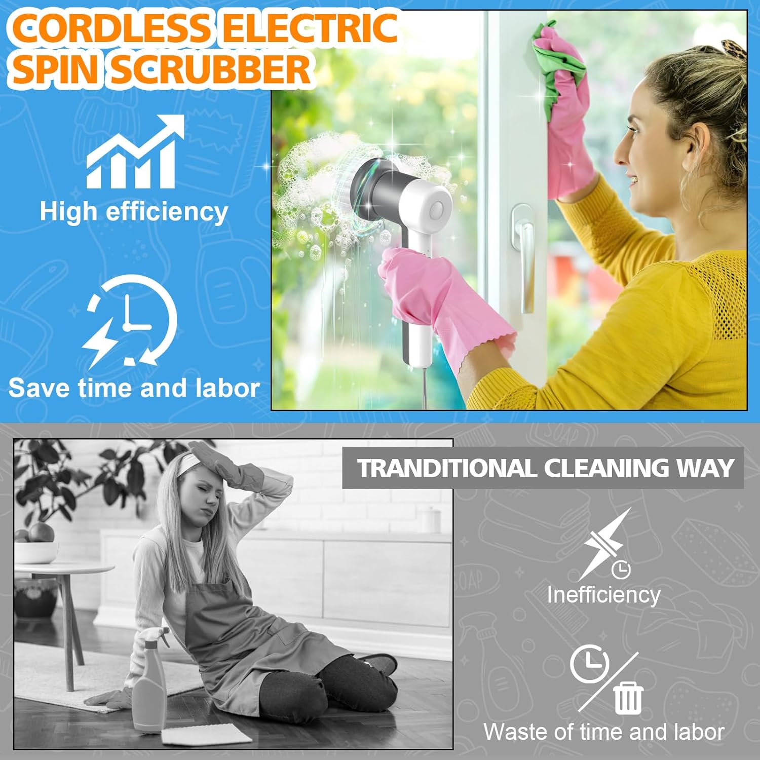 Cordless Electric Spin Scrubber with 5 Brush Heads D983221