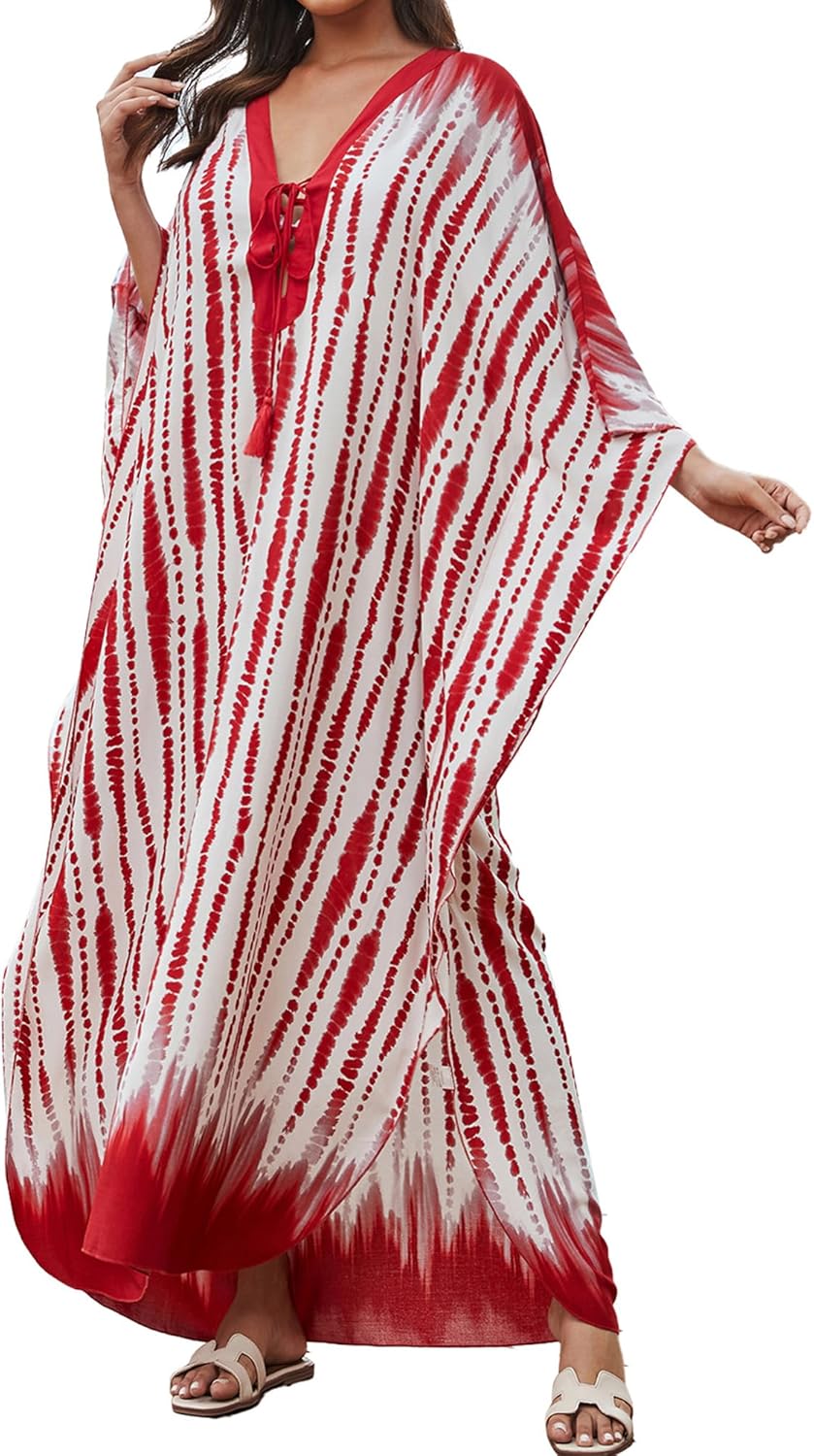 Bsubseach Print Caftans for Women Kaftan Dress Loose Bathing Suit Cover Up Casual Long Beach Dresses Red Tie Dye