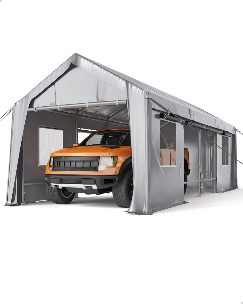 13'x25' Carport Windproof, Anti-High Wind Portable Garage, Reinforced Frames & 180 g PE Carport Canopy, with Front & Rear Doors, Shelter for Pickup, Boat, and Equipment, Silver Gray