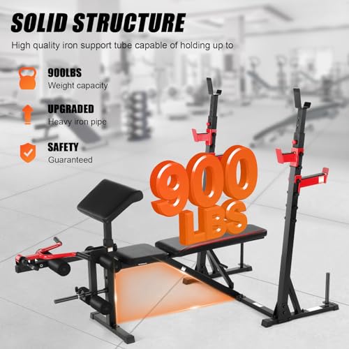 Adjustable Weight Bench with Squat Rack, Leg Extension and Preacher Curl Pad for Home Gym E89871