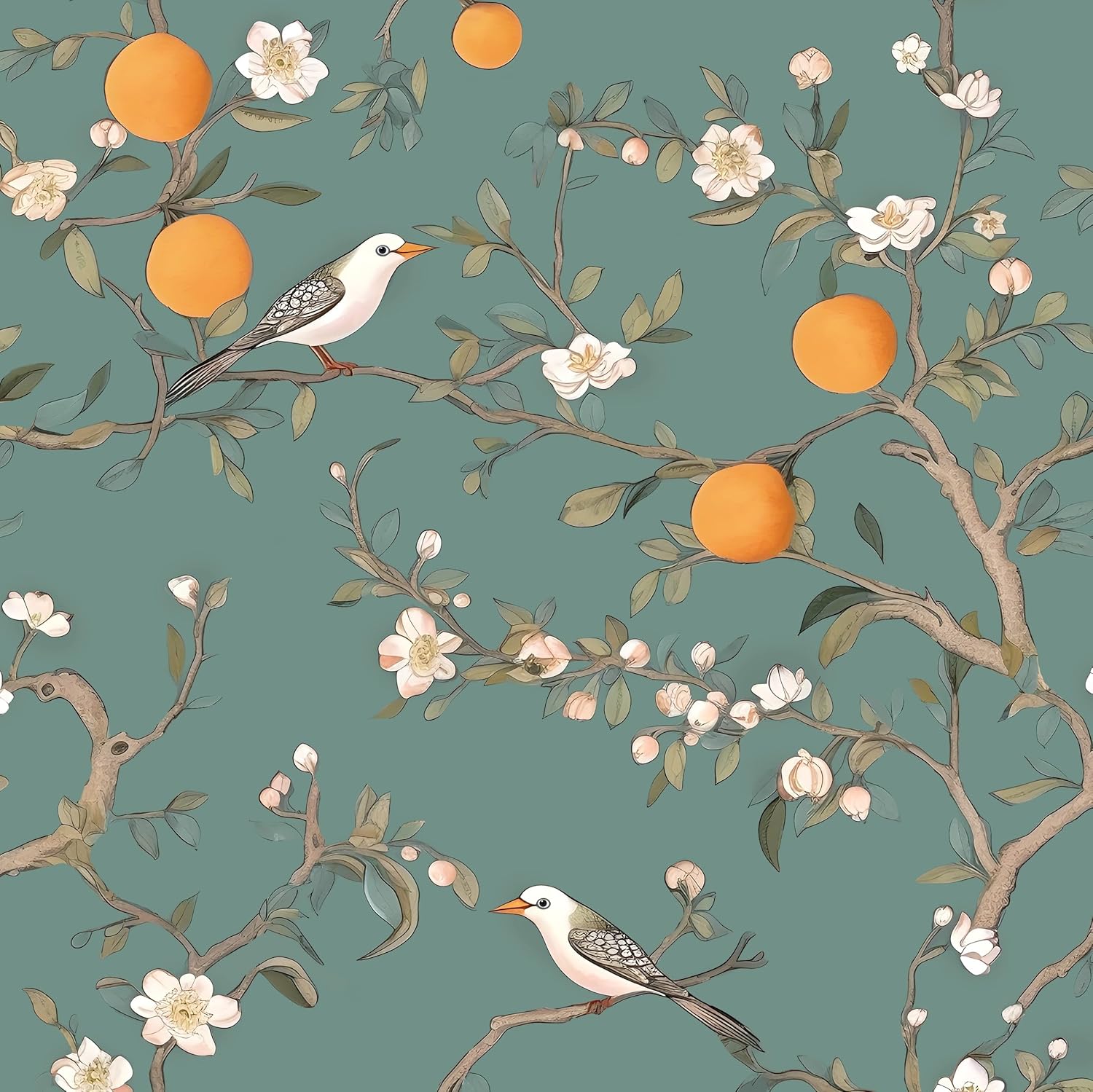 Green Floral Wallpaper Peel and Stick, Birds Contact Paper Orange Fruits,White Flowers Botanical Boho Wall Paper Self Adhesive Waterproof Removable for Room Shelves Cabinet Drawer Table 17.5" x 118"