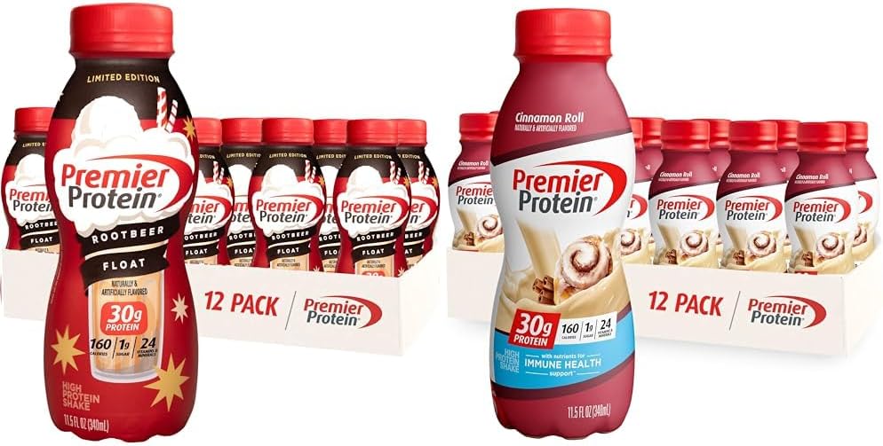 Premier Protein Shake Root Beer Float & Cinnamon Roll Flavors, 30g Protein, 1g Sugar, 24 Vitamins & Minerals, 11.5 oz, 12 Pack
