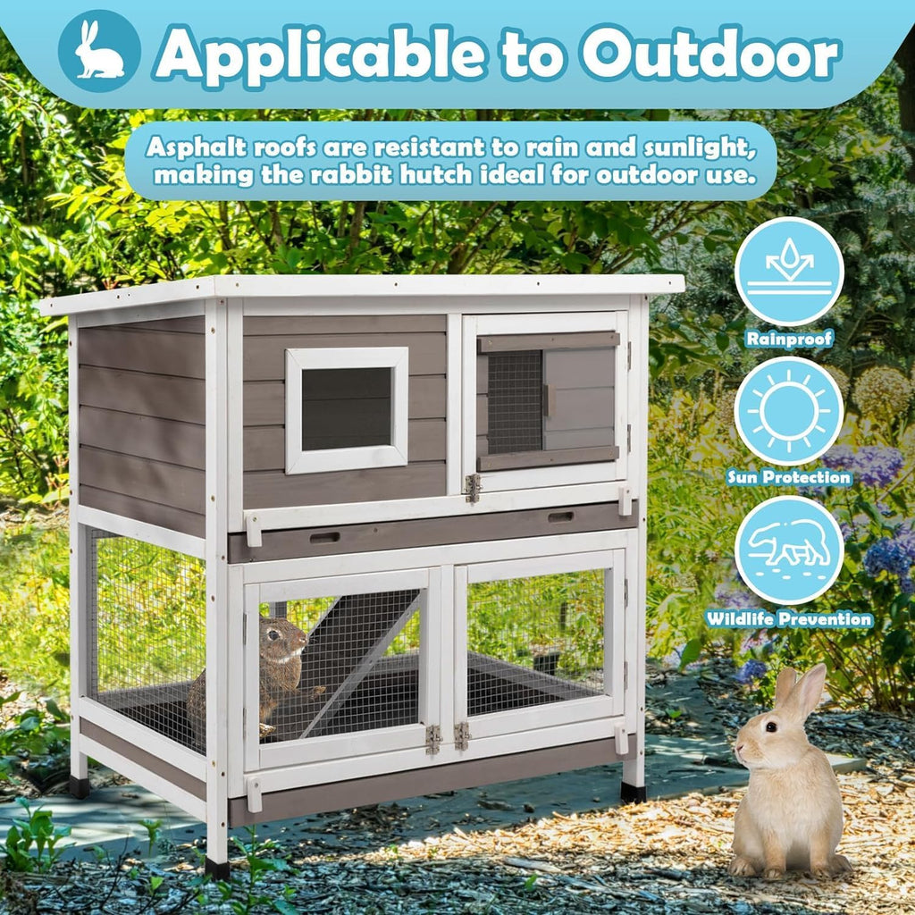 Rabbit Hutch Indoor Outdoor Bunny Cage on Wheels Two Story Weatherproof with 2 No Leak Trays E4948