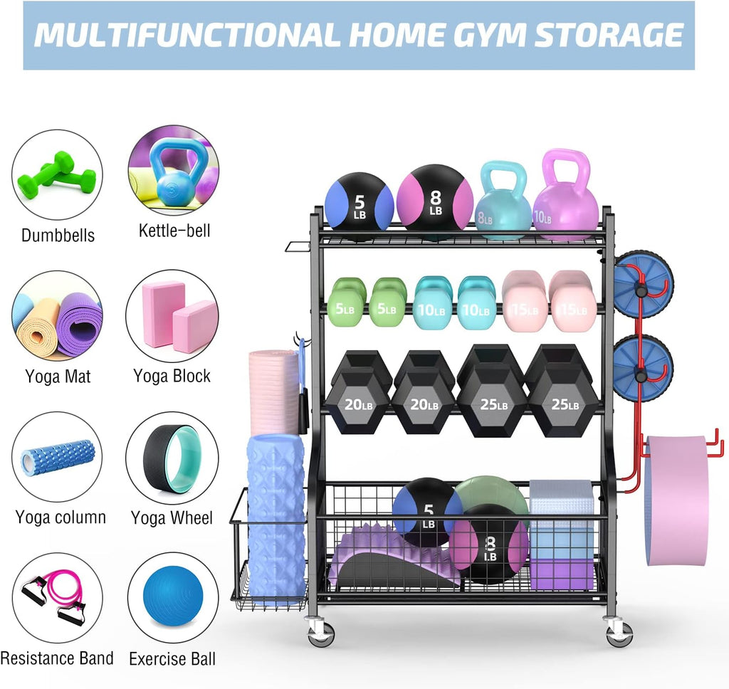 Dumbbell Rack with Wheels and Hooks for Home Gym Storage Y43677