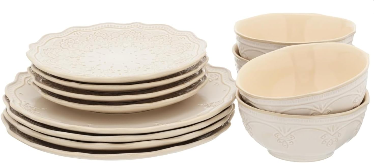 The Pioneer2 Woman Farmhouse Lace Dinnerware Set, 12-Piece - Linen, ocean-teal, 111254.12R