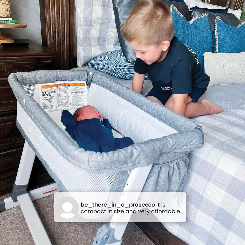 Simmons Kids Dream Bedside Bassinet with Zip-Down Side Wall, Breathable Mesh, Adjustable Heights, Lightweight Portable Crib, Grey C438517