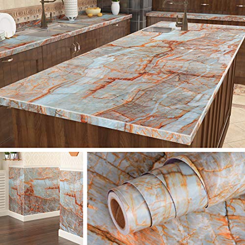 Livelynine 15.8"X197" Teal Marble Wallpaper Peel and Stick Countertop Paper Teal Marble Contact Paper Self Adhesive Film for Countertops Peel and Stick Table Top Covers Kitchen Bathroom Counter Top