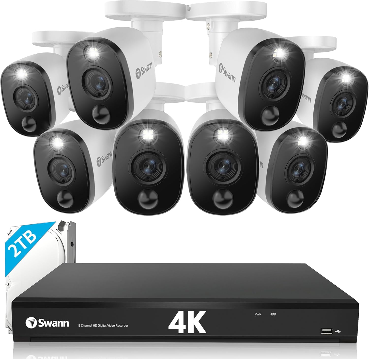 Swann Home DVR Security Camera System with 2TB HDD, 16 Channel 8 Camera, 4K Ultra HD Video, Indoor or Outdoor Wired Surveillance CCTV, Color Night Vision, Heat Motion Detection, LED Lights, 1655808