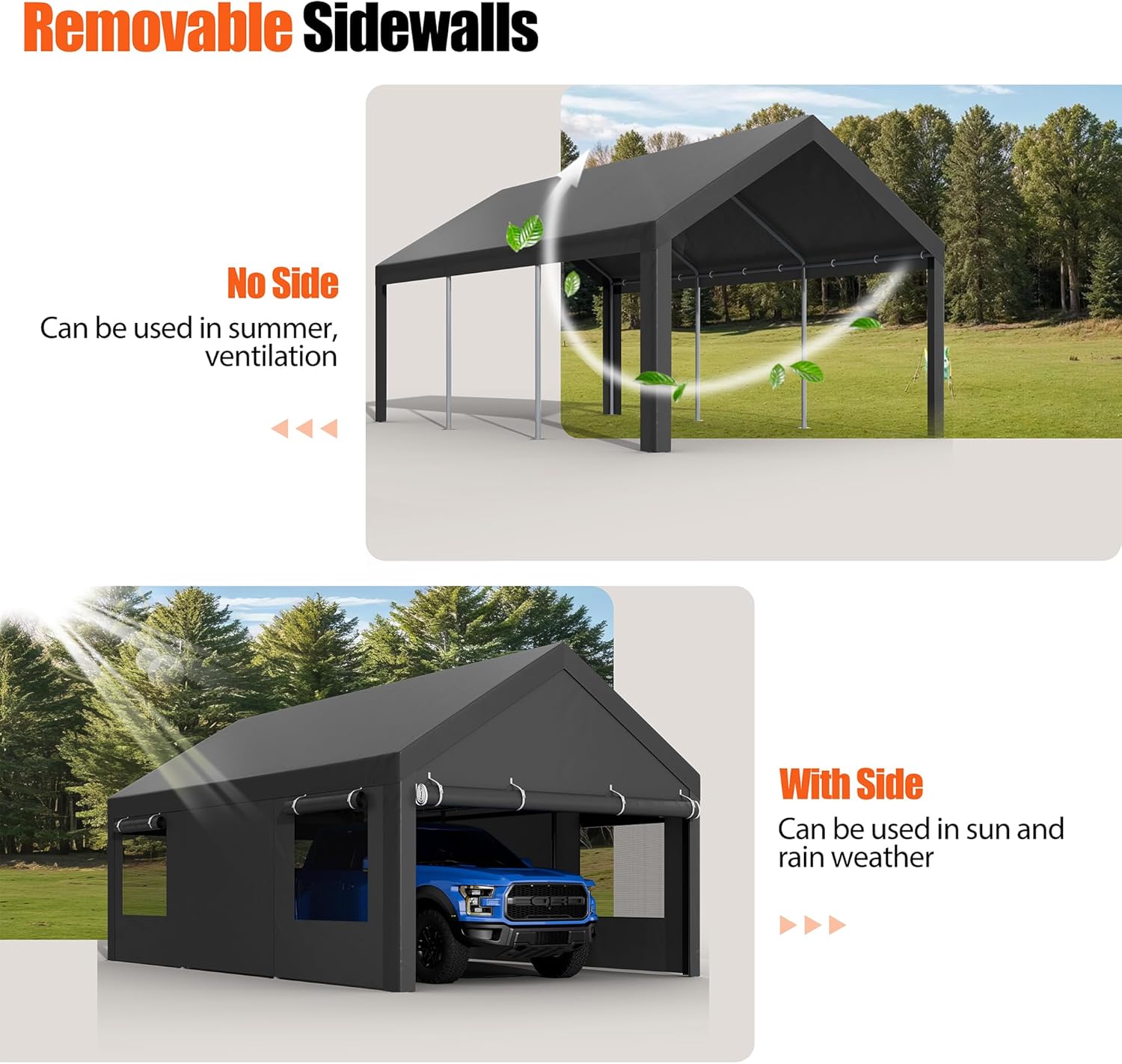 Carport 10x18.5 ft Heavy Duty Canopy with Roll-up Windows, Portable Garage with Removable Sidewalls A5898