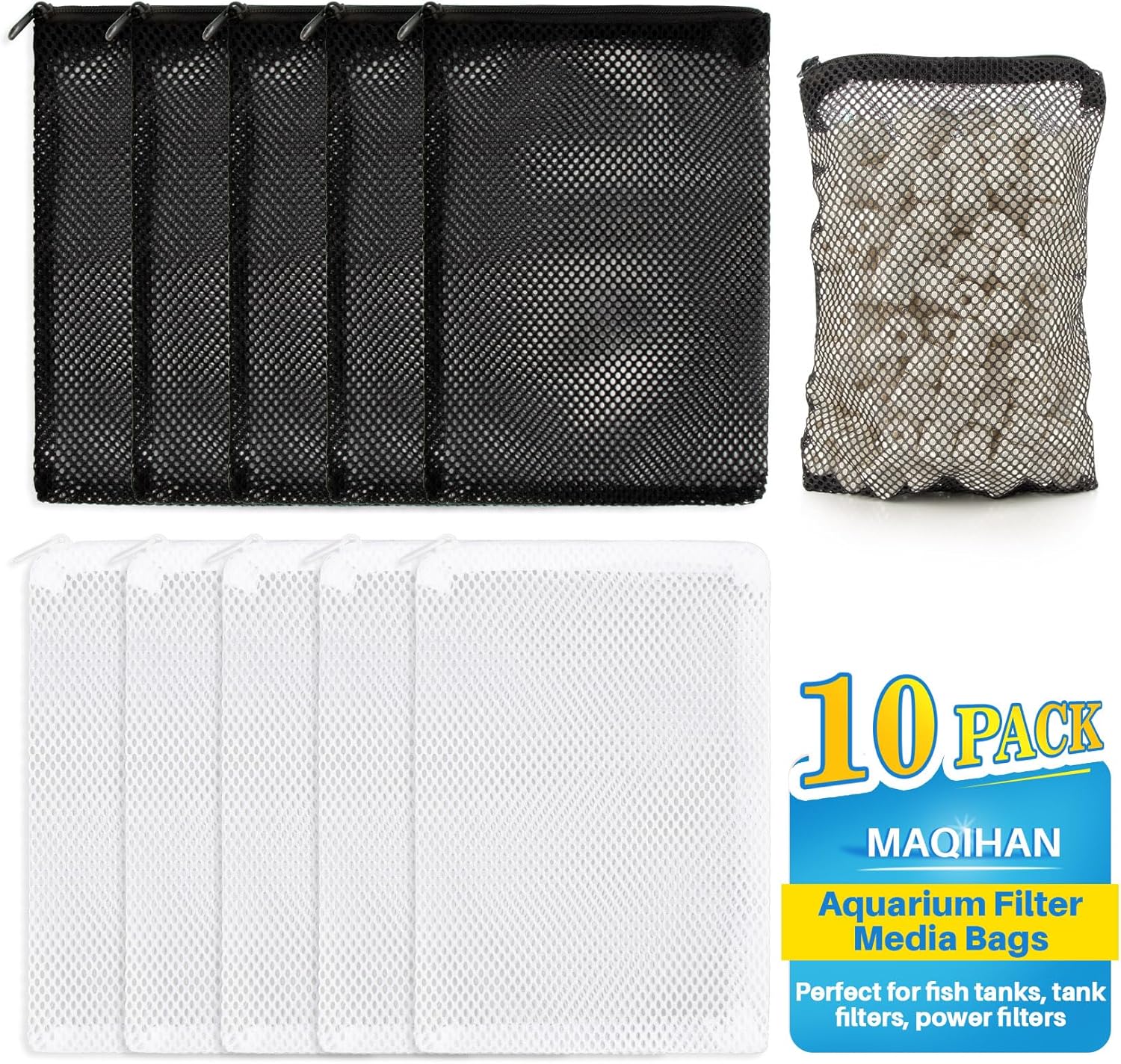 10pcs Aquarium Filter Media Bags - Mesh Filter Bags Reusable Bags With Zipper for Activated Carbon Ceramic Rings Filter Balls Fish Tank Pond 5.9 X 7.8 Inch