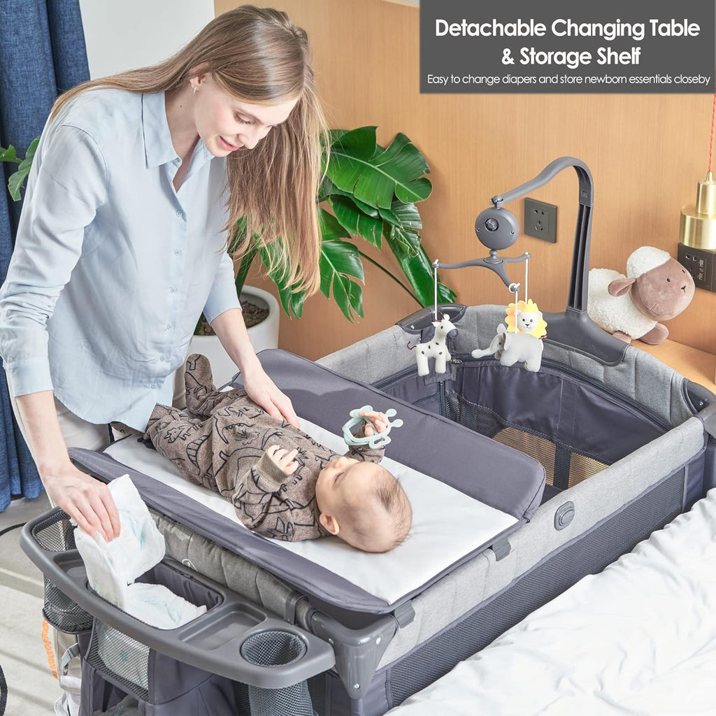 Bedside Bassinet Sleeper with Changing Table, Storage Shelf, Music Mobile for Newborn to Toddlers T5124