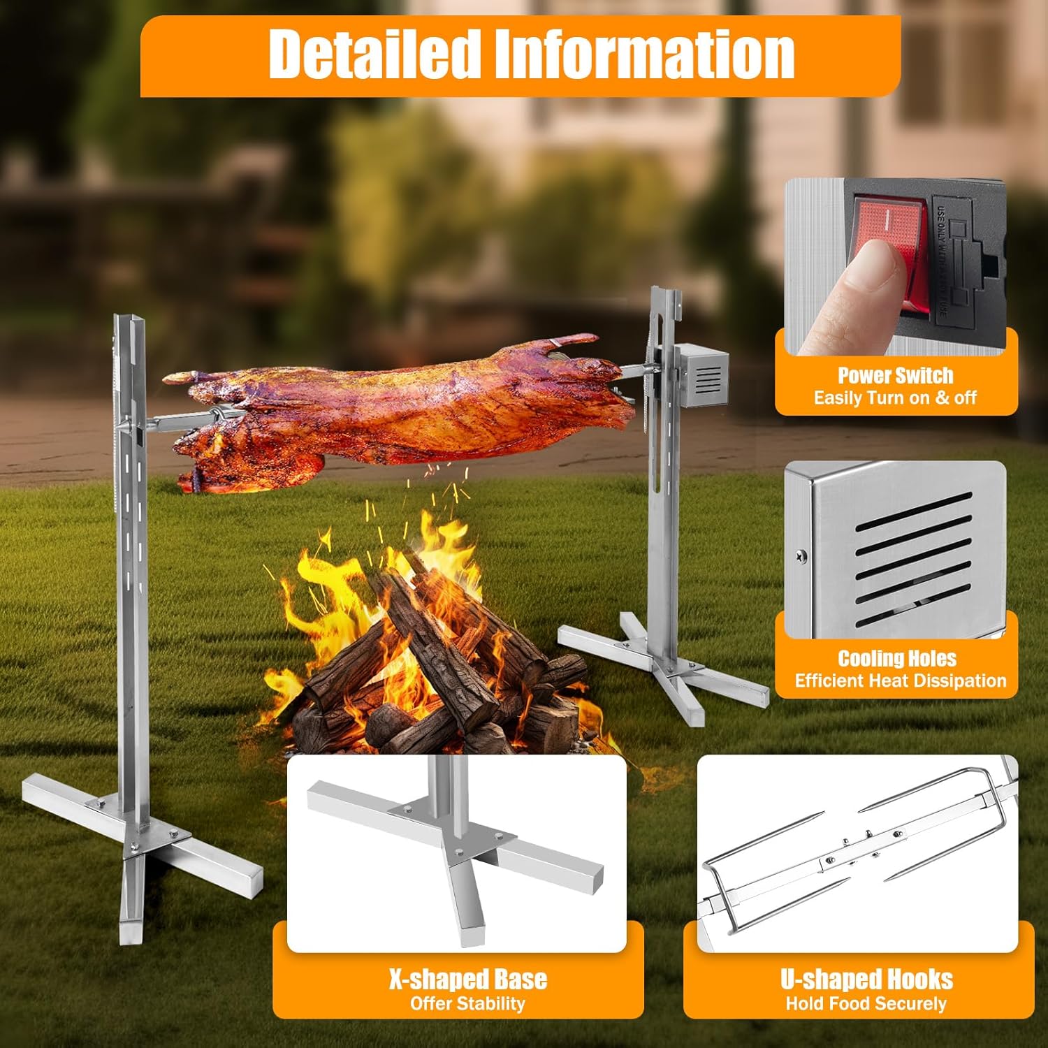 Electric Rotisserie Grill 88 Lbs Capacity, Pig Lamb Spit Roaster Stand with Adjustable Height X22834