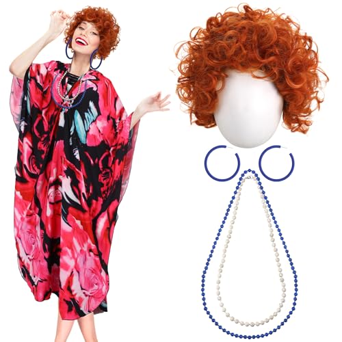 5 Pcs Halloween Women Costume Set with Print Caftan Dress Curly Wig Bead Necklace Earring for Women's Cosplay Party