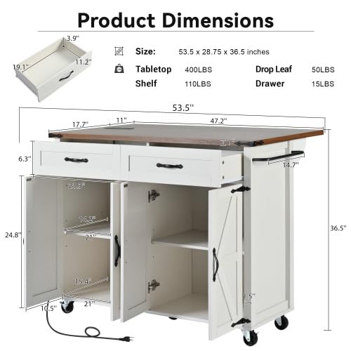 Farmhouse Kitchen Island with Power Outlet and Drop Leaf Z7652