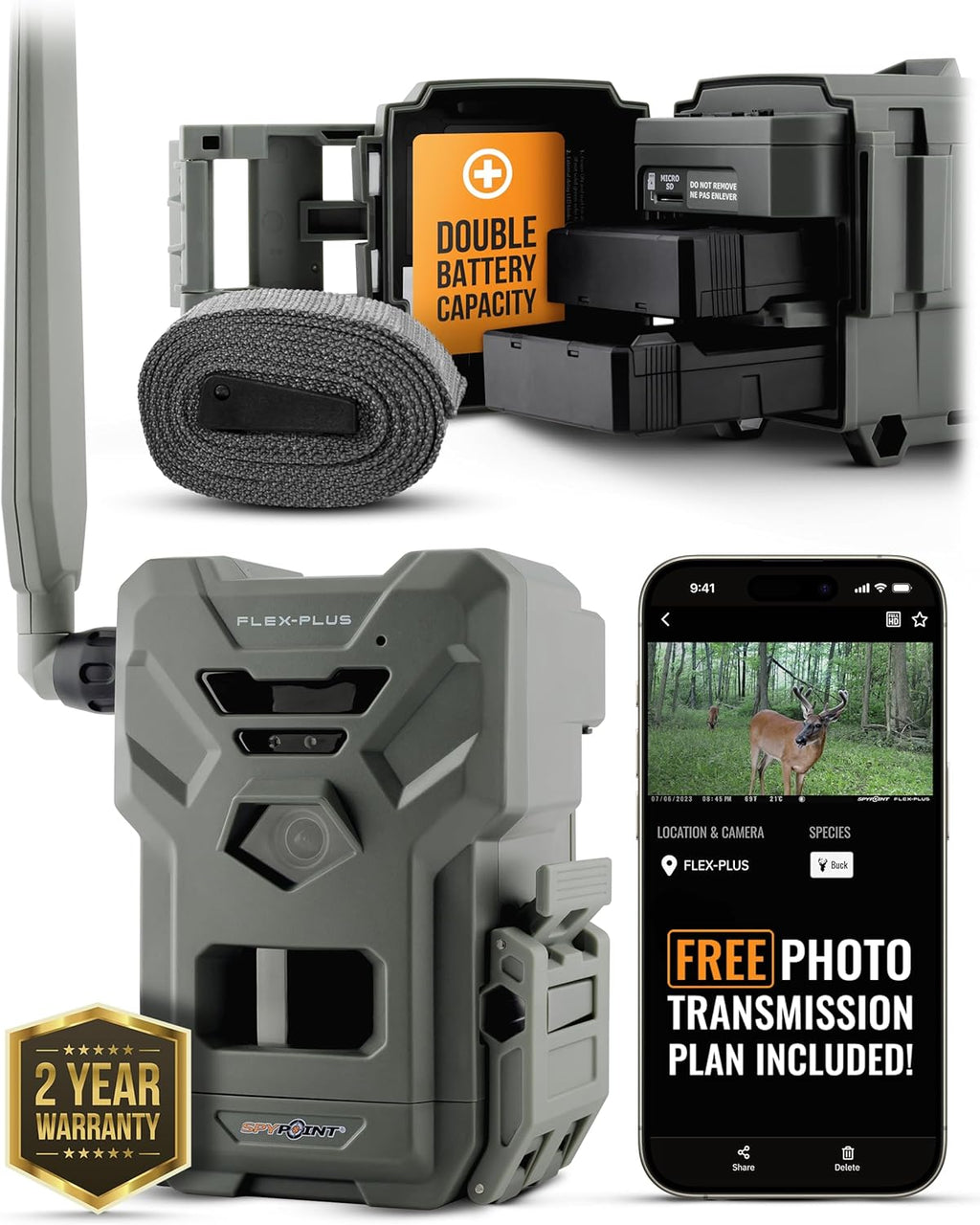 SPYPOINT FLEX-PLUS Cellular Trail Camera, 36MP Photos and 1080p Videos w/Sound, Double The Battery Capacity, GPS-Enabled, Dual-SIM LTE Connectivity, 100' Flash & Detection Range, 4 capture modes