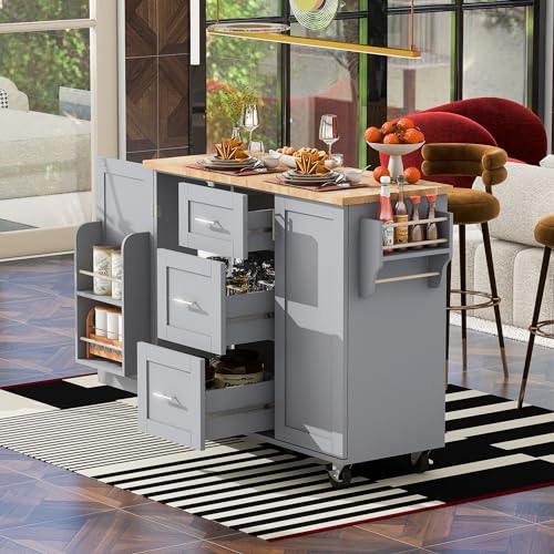 Farmhouse Kitchen Island With Storage Large Kitchen Island With Drop Leaf Rolling Kitchen Island With 3 Drawer 2 Slide-Out Shelf And Internal Storage Rack White Kitchen Island For Restaurants