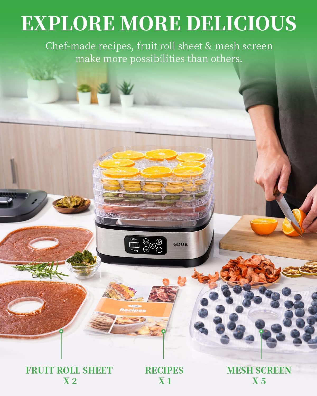 Food Dehydrator Machine with Adjustable Temperature and 72H Timer, 5-Tray M9413