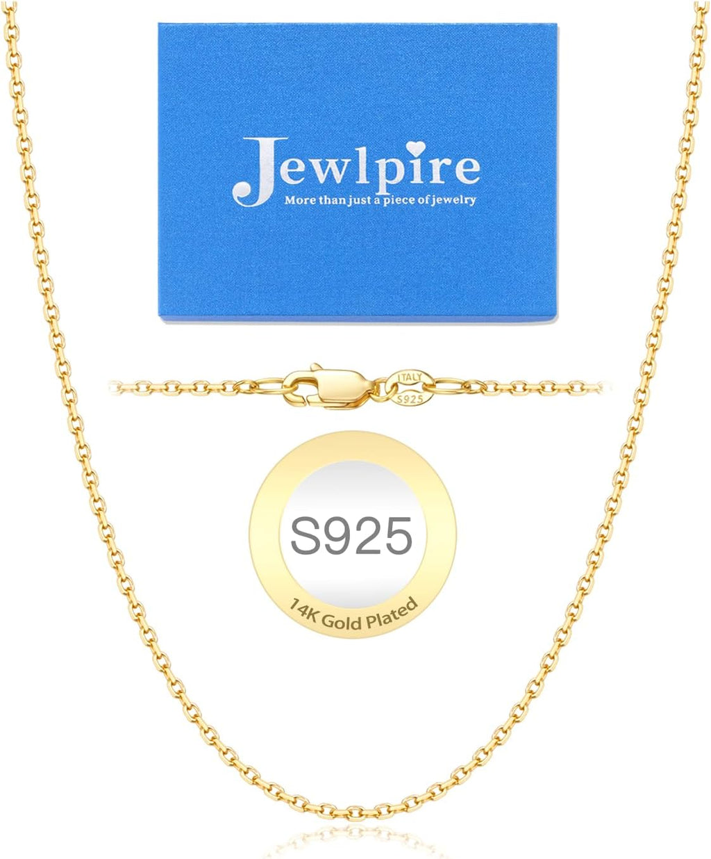 Jewlpire Italian 14K Real Gold Over 925 Sterling Silver Chain Necklace for Women, 1.1mm 1.3mm Cable Chain Necklace Hypoallergenic & Comfortable Women's Chain Necklaces 14 16 18 20 22 24 26 Inch