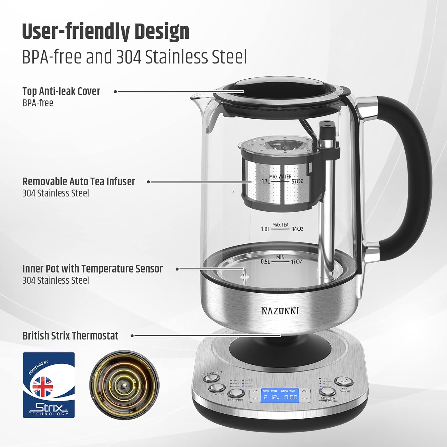 Electric Tea Maker 1.7L with Automatic Infuser, Stainless Steel Glass Kettle Q525323