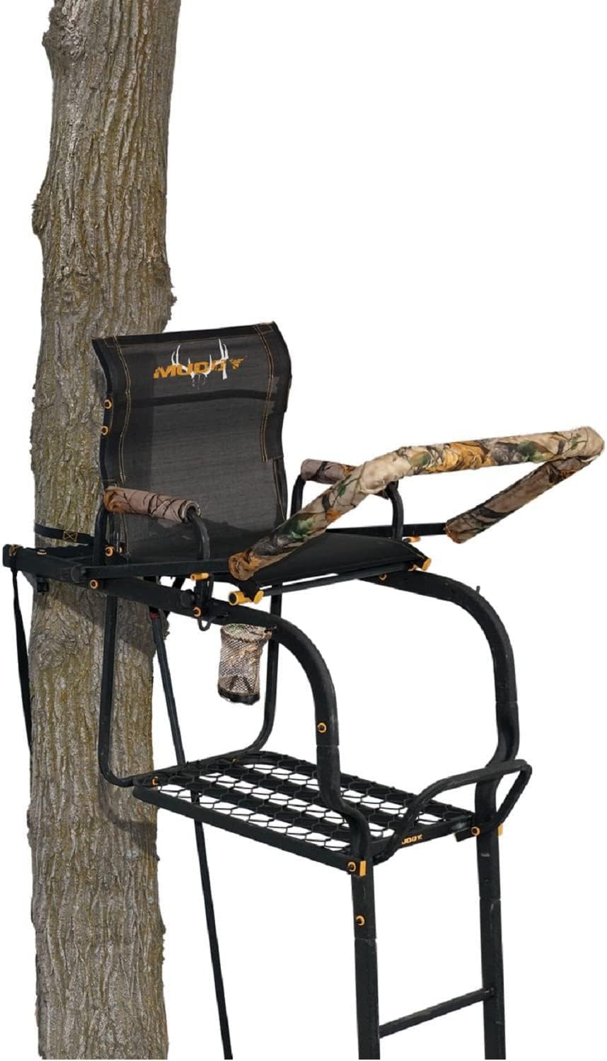 Muddy Odyssey XTL Ladder Stand - 20' Height Durable Steel Outdoor Hunting Silencer Technology Tree Stand with Padded Flip-Back Shooting Rest & Armrests, 350 Pound Maximum Capacity