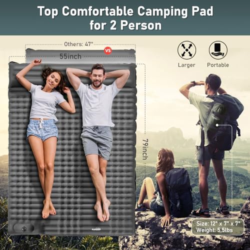 Double Sleeping Pad for Camping, 4" Self Inflating with Pillow and Foot Pump V3853