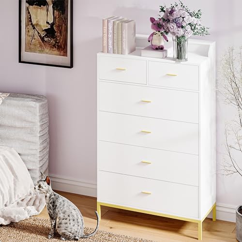 6 Drawers Dresser with LED Light, Dresser for Bedroom with LED Light Large Dressers, Modern Dresser Storage Organizer, 6 Drawers Chest White with Shelves for Bedroom, Living Room, Hallway