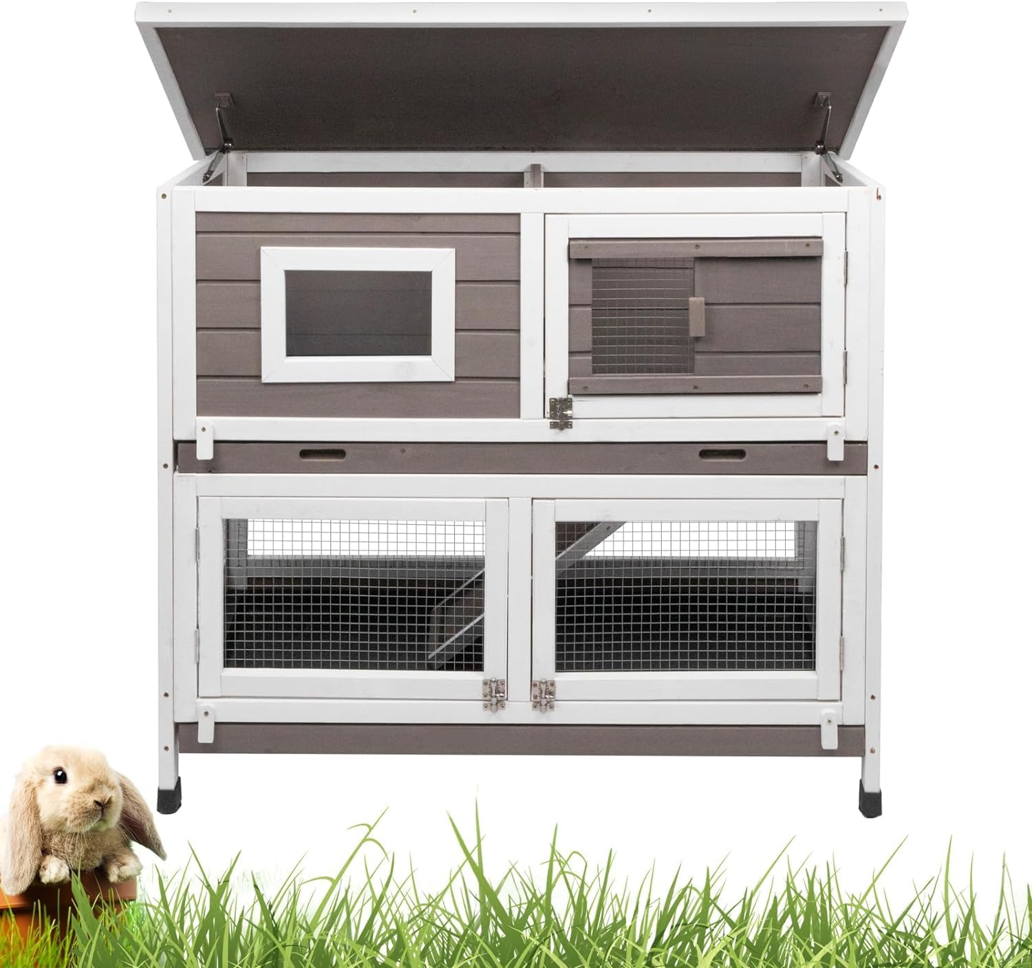 Rabbit Hutch Indoor Outdoor Bunny Cage on Wheels Two Story Weatherproof with 2 No Leak Trays E4948