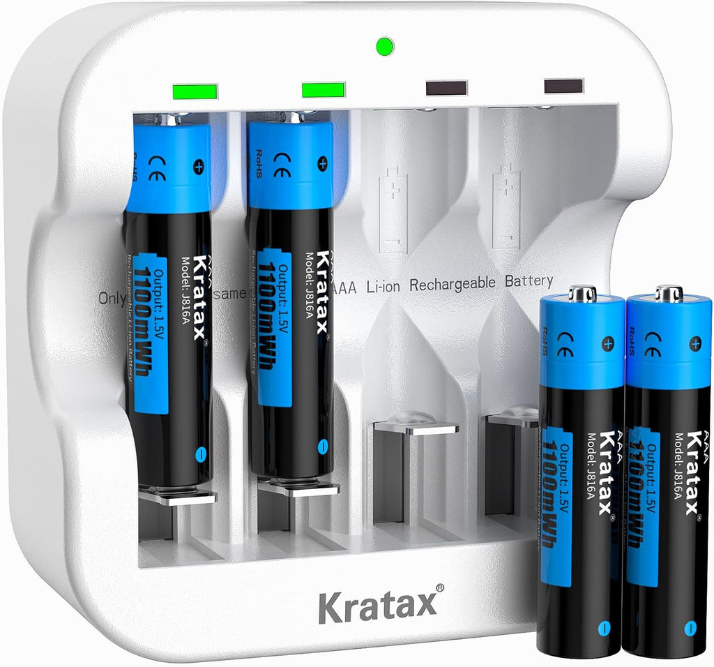 AAA Rechargeable Lithium Batteries, 4 pack 1.5V Kratax 1100mWh Li-ion Triple A Batteries with Fast Battery Charger, Constant Voltage Output, 1600 Cycles Long-lasting for Household and Office Devices