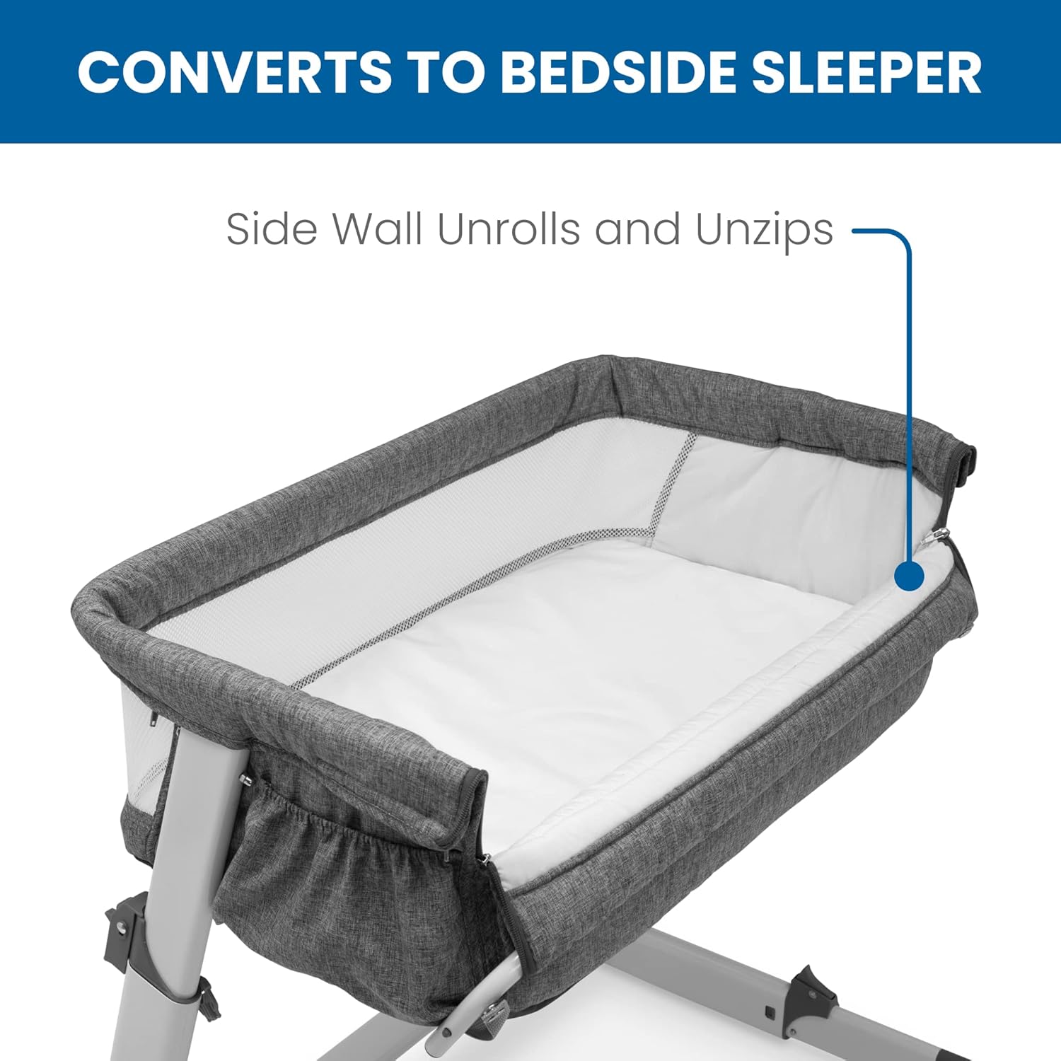 Simmons Kids Dream Bedside Bassinet with Zip-Down Side Wall, Breathable Mesh, Adjustable Heights, Lightweight Portable Crib, Grey C438517